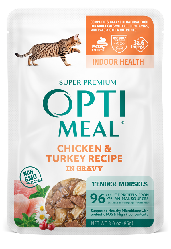 A package of Optimeal indoor health chicken and turkey recipe grain-free tender morsels in gravy for adult cats. The packaging is predominantly white with images of cats and food, and the product name and details are clearly displayed.