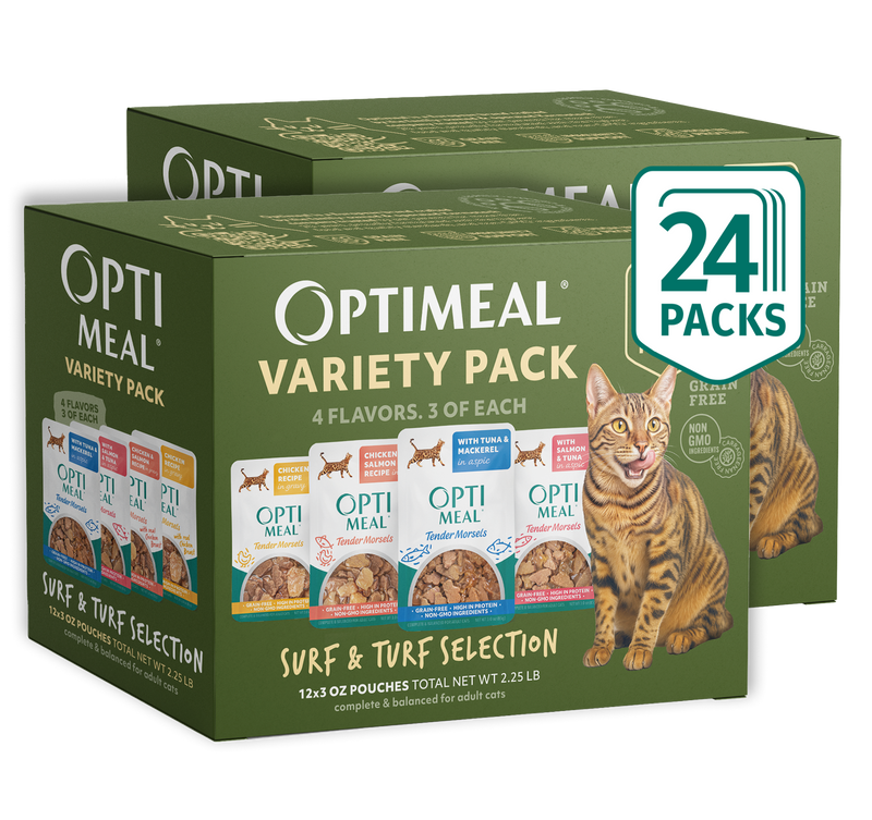 (24) OPTIMEAL® Variety Pack Surf & Turf Selection – Chicken, Salmon, Tuna & Mackerel Wet Cat Food - Image 1