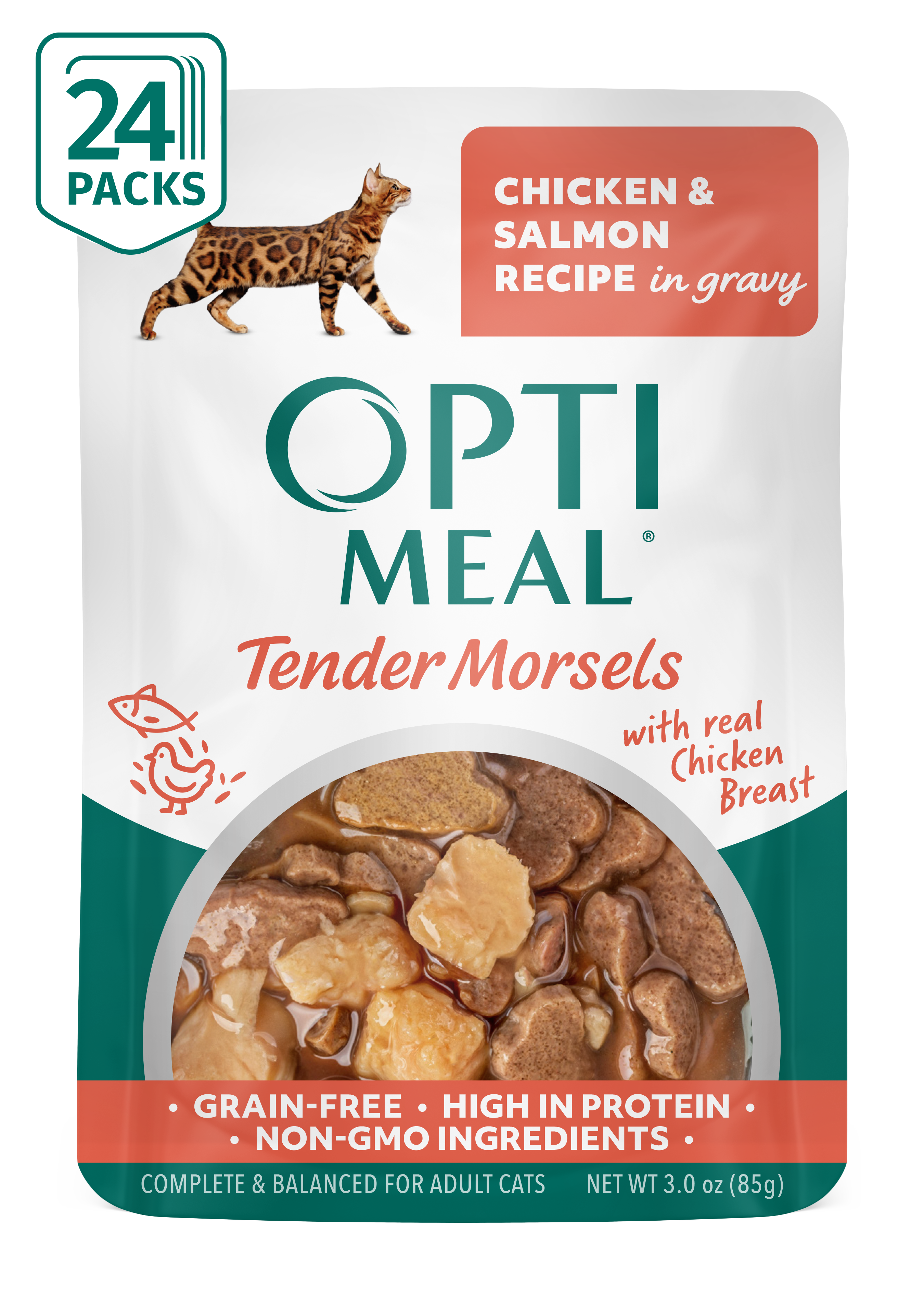 (24)OPTIMEAL® Grain Free Tender Morsels Chicken & Salmon Recipe with Real Chicken Breast in Gravy Adult Cat Food