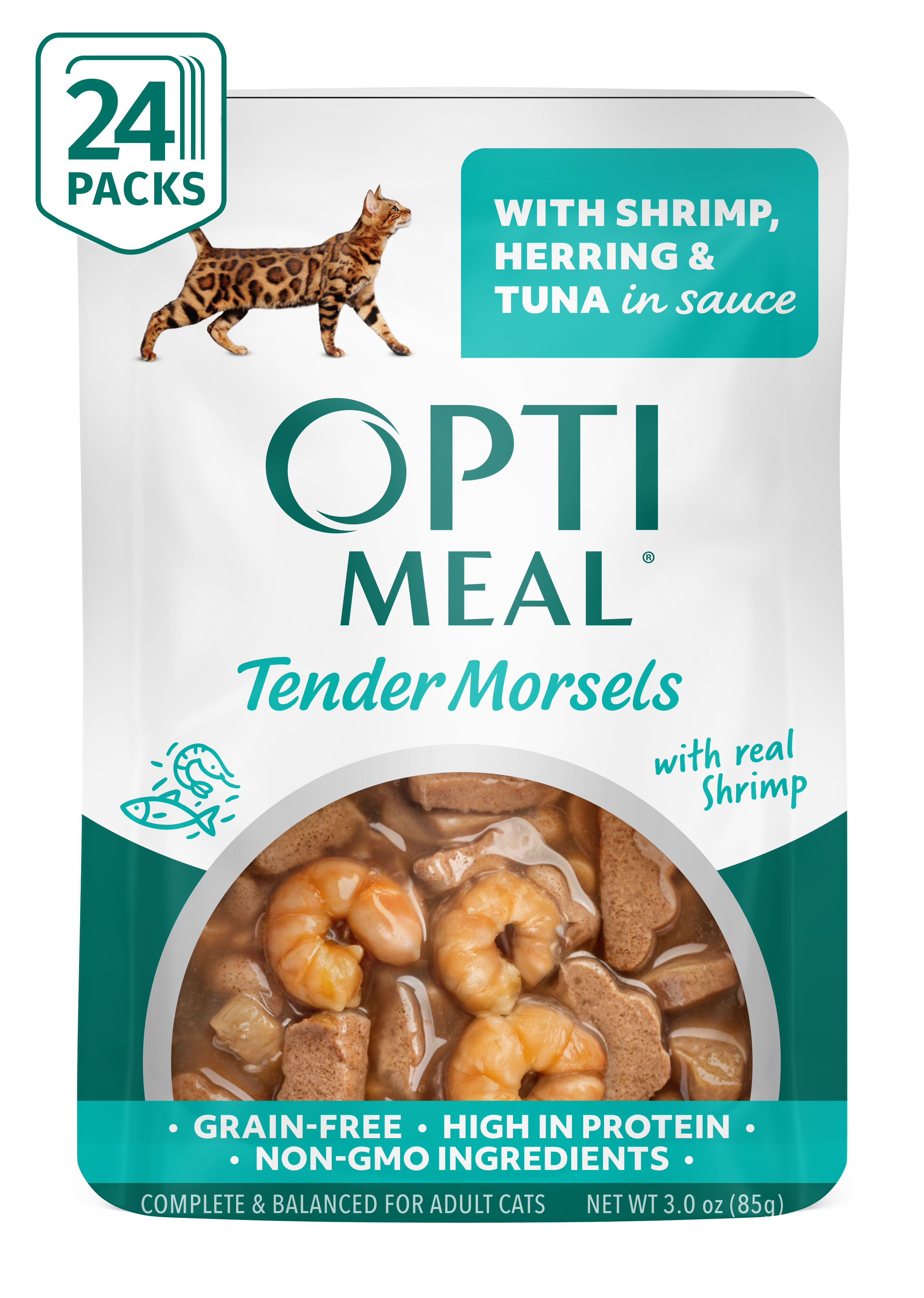 (24) OPTIMEAL® Grain Free Tender Morsels with Real Shrimp, Herring & Tuna in Sauce Adult Cat Food