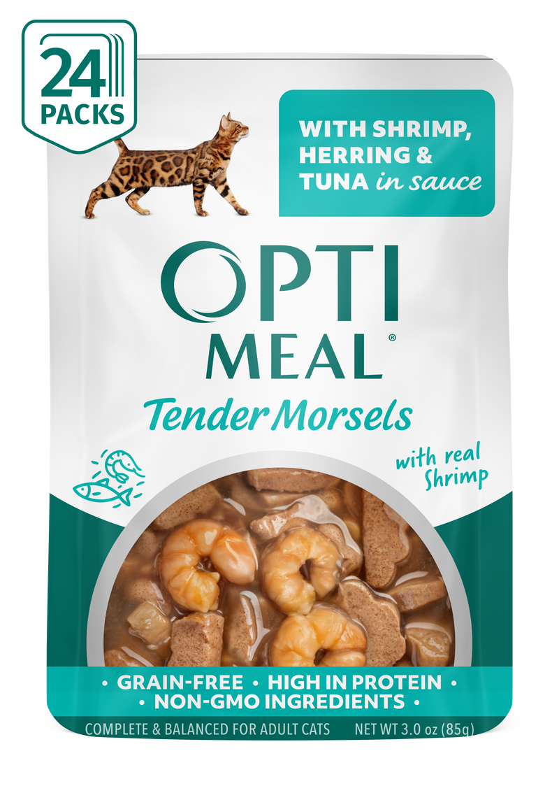 (24) OPTIMEAL® Grain Free Tender Morsels with Real Shrimp, Herring & Tuna in Sauce Adult Cat Food - Image 1