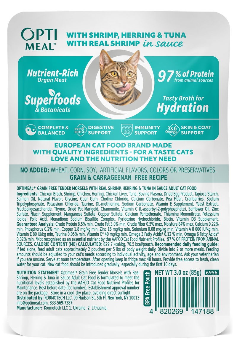(24) OPTIMEAL® Grain Free Tender Morsels with Real Shrimp, Herring & Tuna in Sauce Adult Cat Food - Image 4
