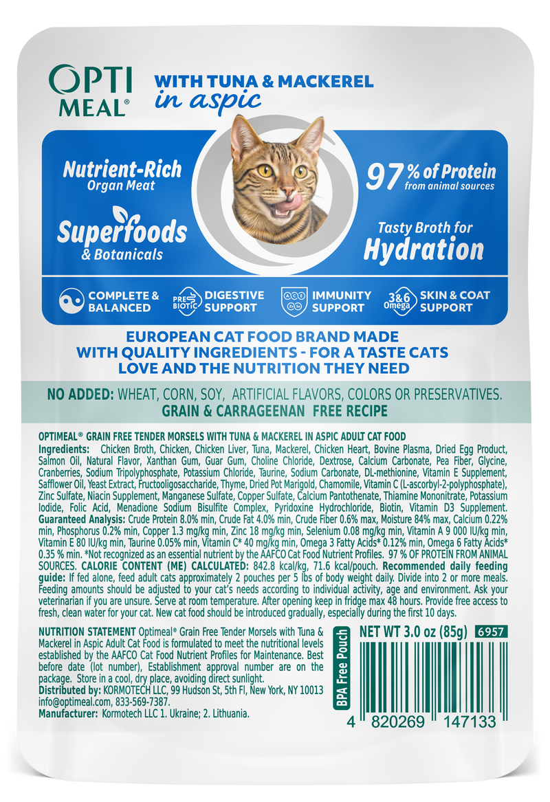 (24) OPTIMEAL® Grain Free Tender Morsels with Tuna & Mackerel in Aspic Adult Cat Food - Image 4