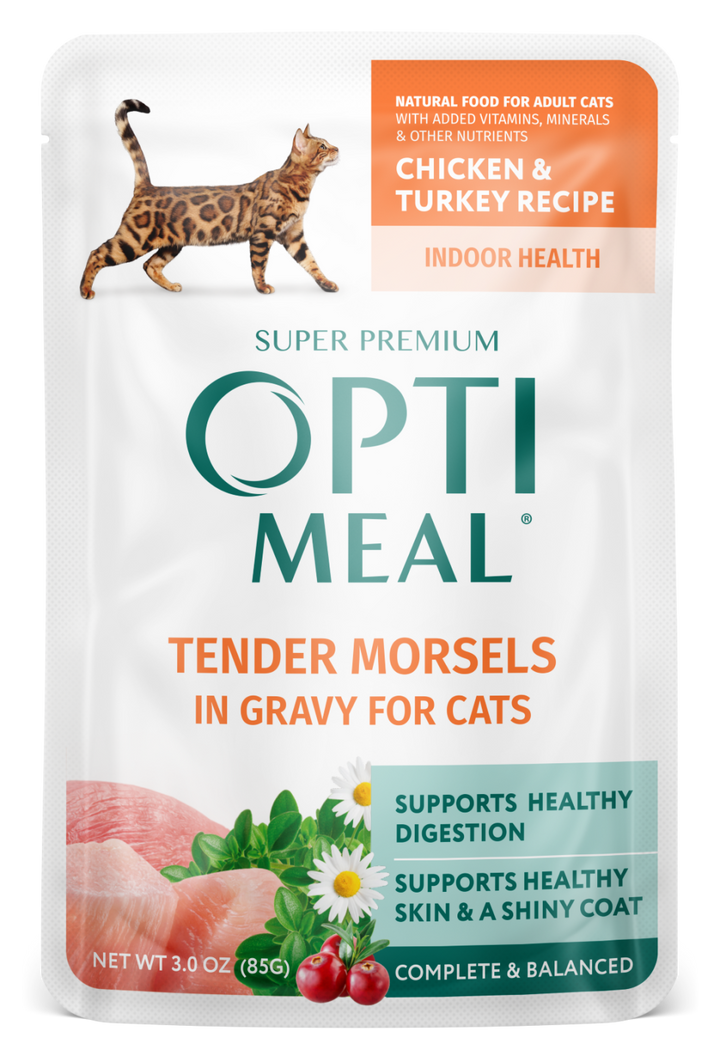 Optimeal's 3 oz single pouch package of Indoor Health recipe: Chicken & Turkey Tender Morsels in Savory Sauce for peacky cats