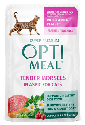 Optimeal's 3 oz single pouch package of Tender Morsels with Lamb & Veggies in Aspic for peacky cats