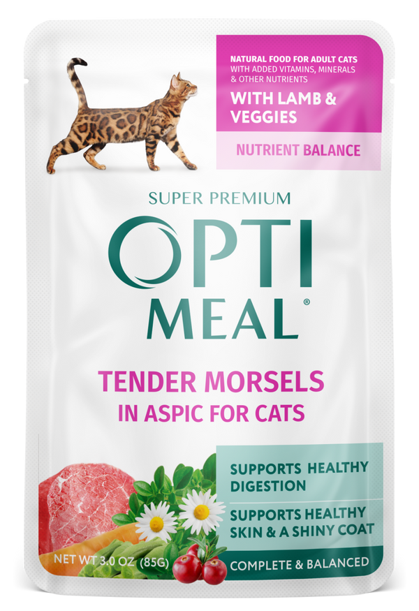 Optimeal's 3 oz single pouch package of Tender Morsels with Lamb & Veggies in Aspic for peacky cats