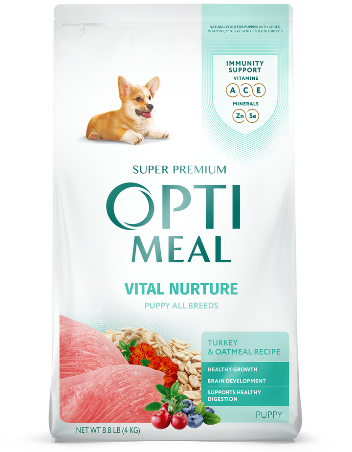 Optimeal® turkey & oatmeal puppy food for all breeds. Turkey, tummy pleasing oatmeal, and complete immune system support.